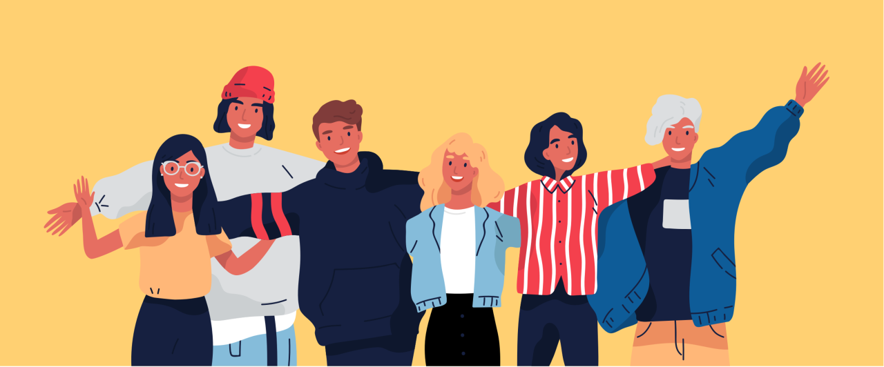 Ilustración de un grupo de hombres y mujeres jóvenes de pie juntos
