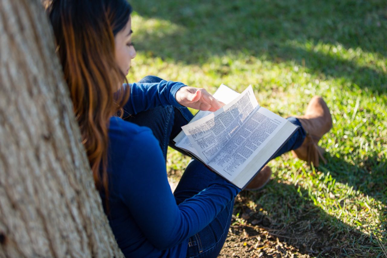 Una mujer lee la Biblia bajo un árbol