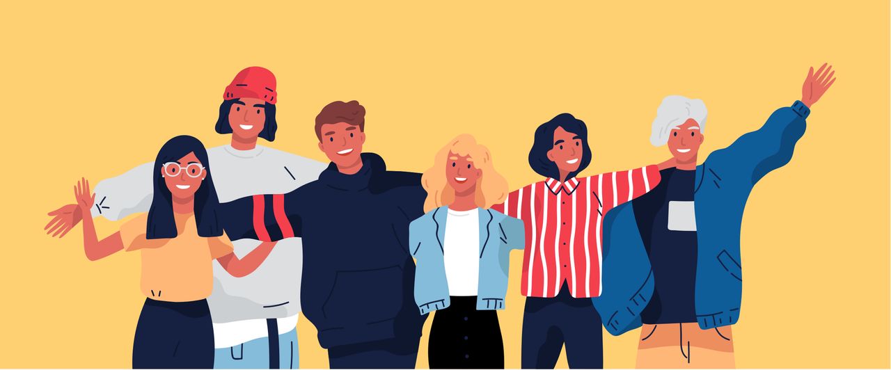 Ilustración de un grupo de hombres y mujeres jóvenes de pie juntos