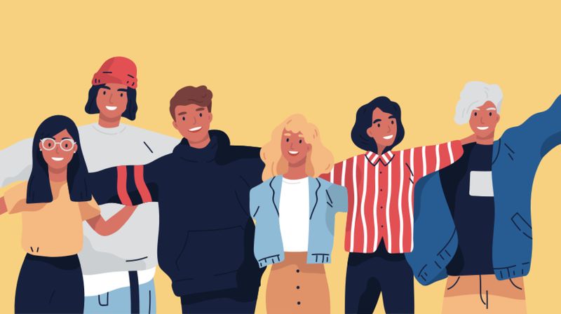 Ilustración de un grupo de hombres y mujeres jóvenes de pie juntos